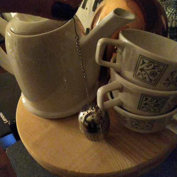 Exc Vtg Teapot w.copper thermal cover tea steeper 3 Homer Laughlin teacups bonus - Picture 13 of 14